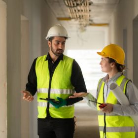 Engineer and architect working on the construction site, double-checking plans and process.